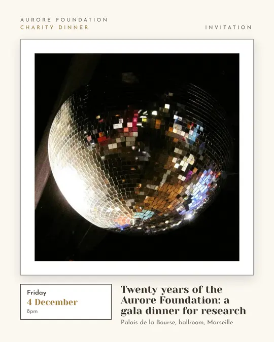 Sample flyer, "Gallery · Golden ivory" template, Gala: "Twenty years of the Aurore Foundation: a gala dinner for research"