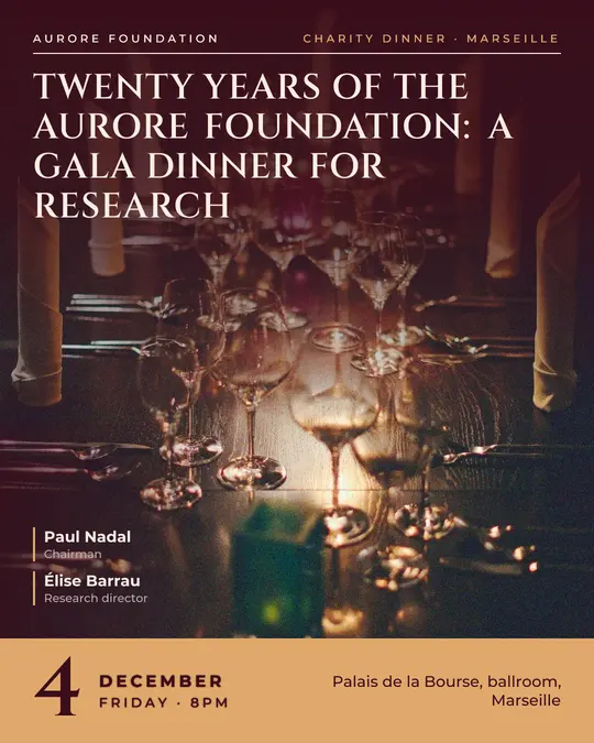 Sample flyer, "Cover · Burgundy and copper" template, Gala: "Twenty years of the Aurore Foundation: a gala dinner for research"