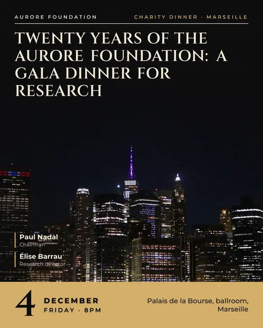 Sample flyer, "Cover · Black and gold" template, Gala: "Twenty years of the Aurore Foundation: a gala dinner for research"