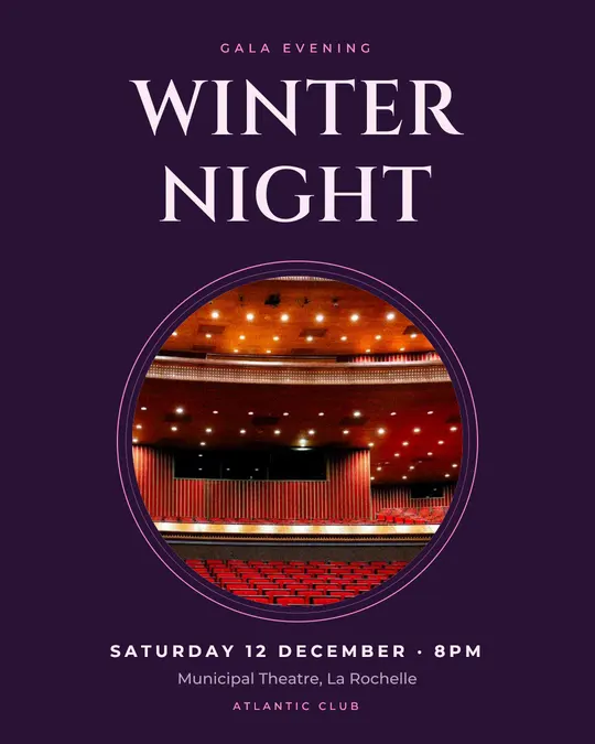 Sample flyer, "Medallion · Plum and pink" template, Gala: "Winter night"