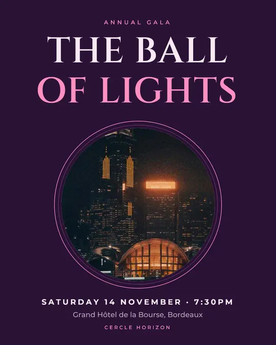 Sample flyer, "Medallion · Plum and pink" template, Gala: "The Ball of Lights"