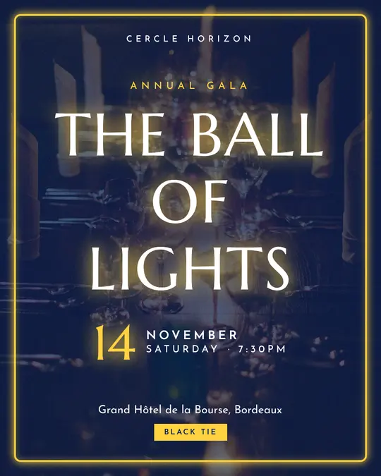 Sample flyer, "Neon · Electric blue" template, Gala: "The Ball of Lights"