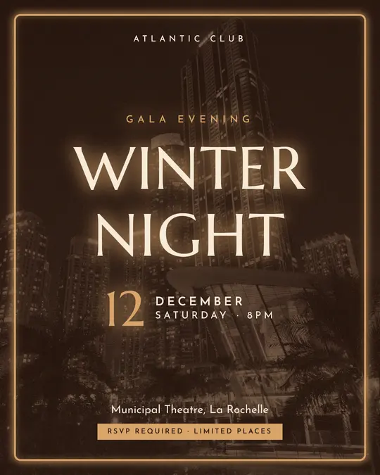 Sample flyer, "Neon · Chocolate and cream" template, Gala: "Winter night"