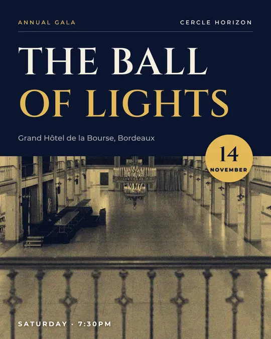 Sample flyer, "Photo foot · Night and gold" template, Gala: "The Ball of Lights"