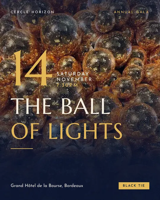 Sample flyer, "Grand poster · Night and gold" template, Gala: "The Ball of Lights"