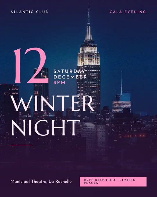 Sample flyer, "Grand poster · Plum and pink" template, Gala: "Winter night"