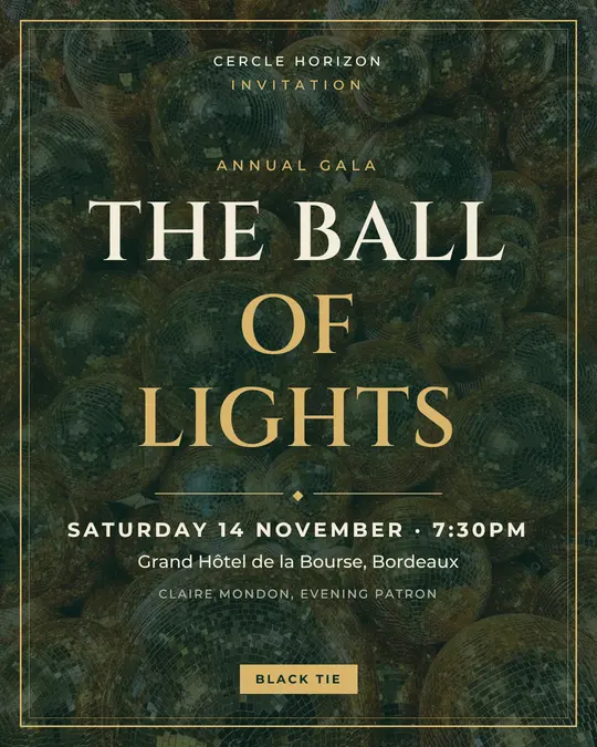 Sample flyer, "Framed card · Golden emerald" template, Gala: "The Ball of Lights"
