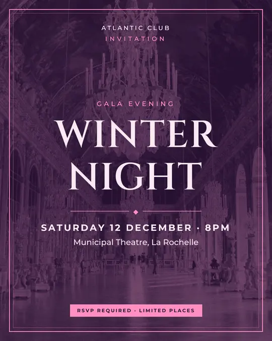 Sample flyer, "Framed card · Plum and pink" template, Gala: "Winter night"