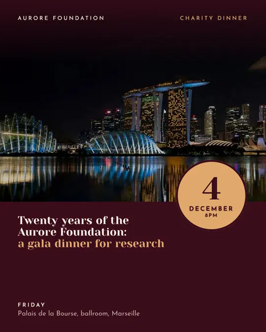 Sample flyer, "Seal · Burgundy and copper" template, Gala: "Twenty years of the Aurore Foundation: a gala dinner for research"