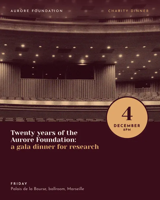 Sample flyer, "Seal · Burgundy and copper" template, Gala: "Twenty years of the Aurore Foundation: a gala dinner for research"