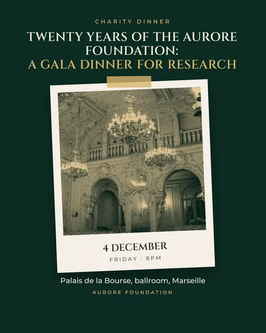 Sample flyer, "Print · Golden emerald" template, Gala: "Twenty years of the Aurore Foundation: a gala dinner for research"
