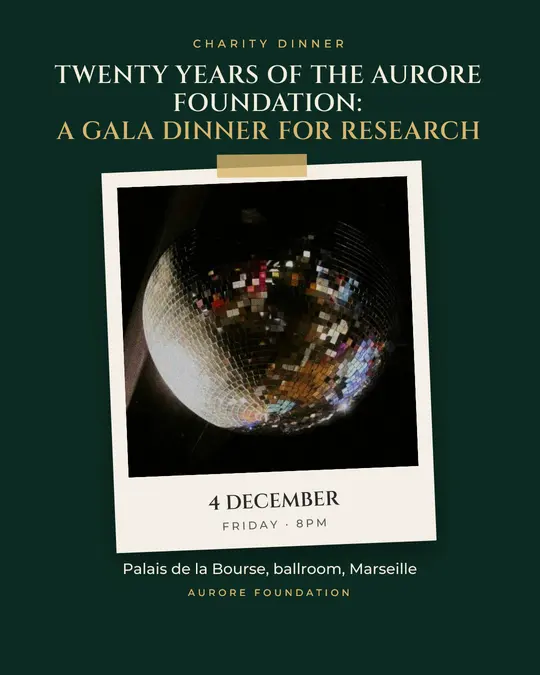 Sample flyer, "Print · Golden emerald" template, Gala: "Twenty years of the Aurore Foundation: a gala dinner for research"