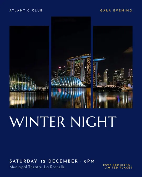 Sample flyer, "Triptych · Electric blue" template, Gala: "Winter night"