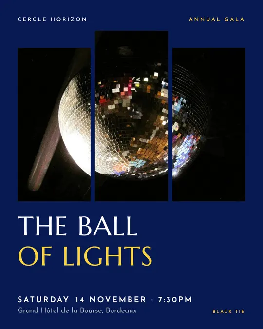 Sample flyer, "Triptych · Electric blue" template, Gala: "The Ball of Lights"