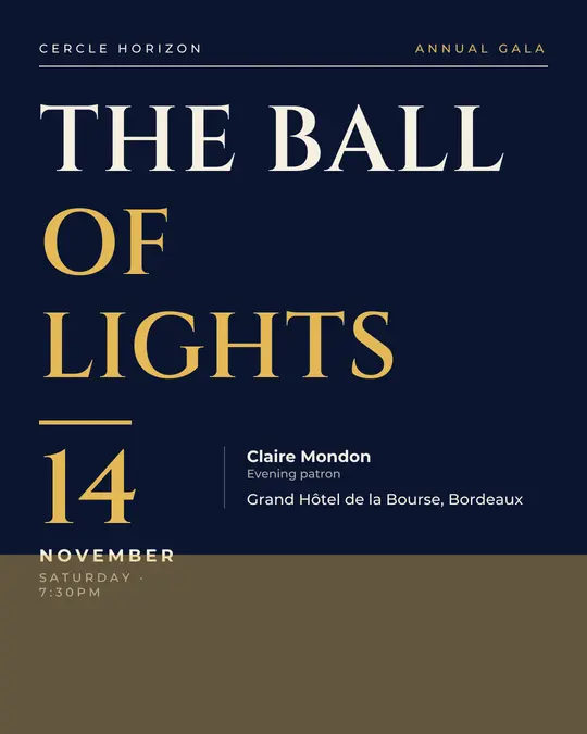 Sample flyer, "Typographic · Night and gold" template, Gala: "The Ball of Lights"