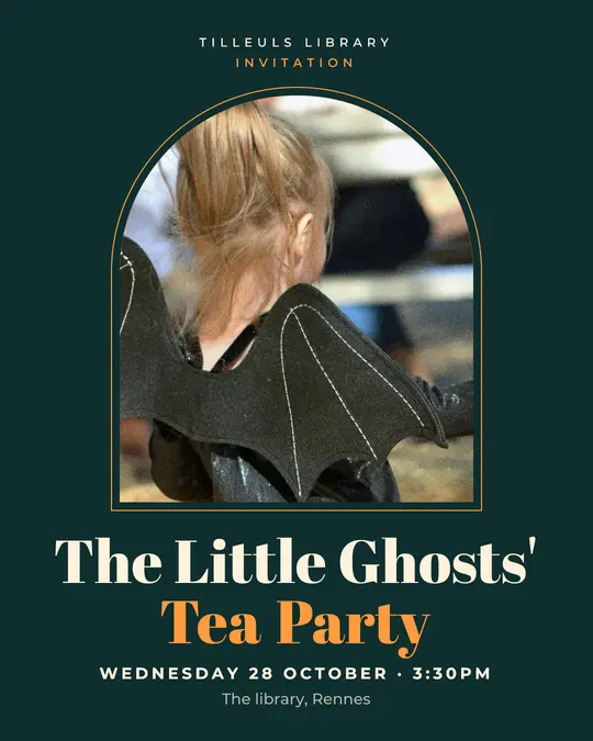Sample flyer, "Arch · Mint and pumpkin" template, Halloween: "The Little Ghosts' Tea Party"
