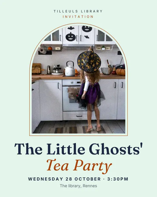 Sample flyer, "Arch · Ghost and mint" template, Halloween: "The Little Ghosts' Tea Party"