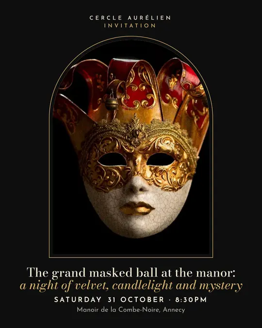 Sample flyer, "Arch · Black and gold" template, Halloween: "The grand masked ball at the manor: a night of velvet, candlelight and mystery"
