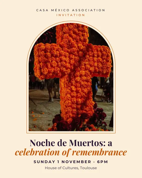 Sample flyer, "Arch · Paper and pumpkin" template, Halloween: "Noche de Muertos: a celebration of remembrance"