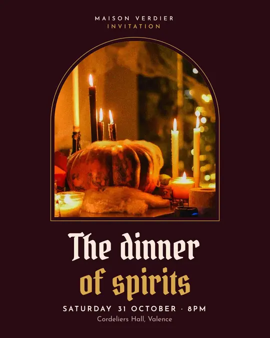 Sample flyer, "Arch · Dark burgundy and gold" template, Halloween: "The dinner of spirits"
