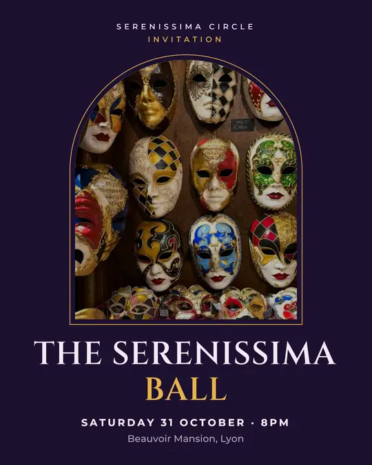 Sample flyer, "Arch · Night violet and gold" template, Halloween: "The Serenissima Ball"