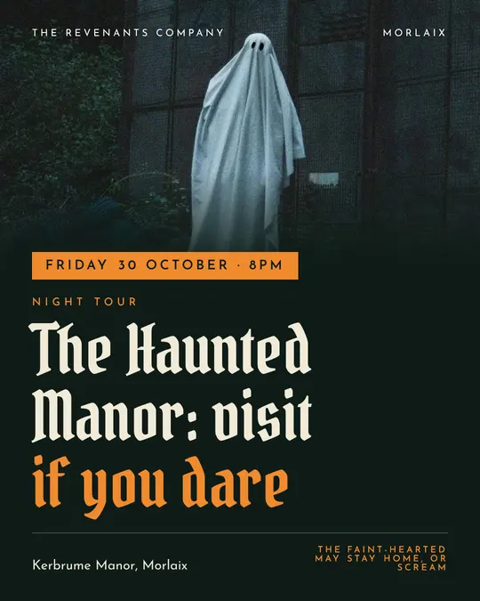 Sample flyer, "Banner · Forest and pumpkin" template, Halloween: "The Haunted Manor: visit if you dare"