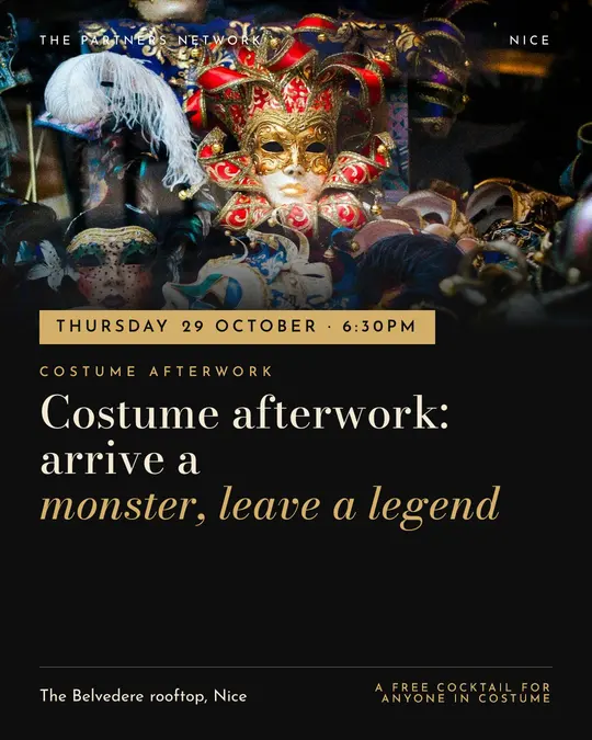 Sample flyer, "Banner · Black and gold" template, Halloween: "Costume afterwork: arrive a monster, leave a legend"