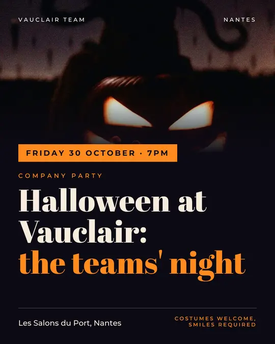 Sample flyer, "Banner · Night and pumpkin" template, Halloween: "Halloween at Vauclair: the teams' night"
