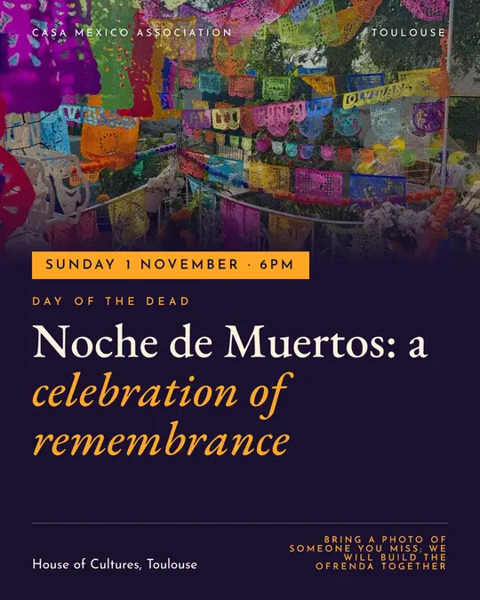 Sample flyer, "Banner · Marigold and night" template, Halloween: "Noche de Muertos: a celebration of remembrance"