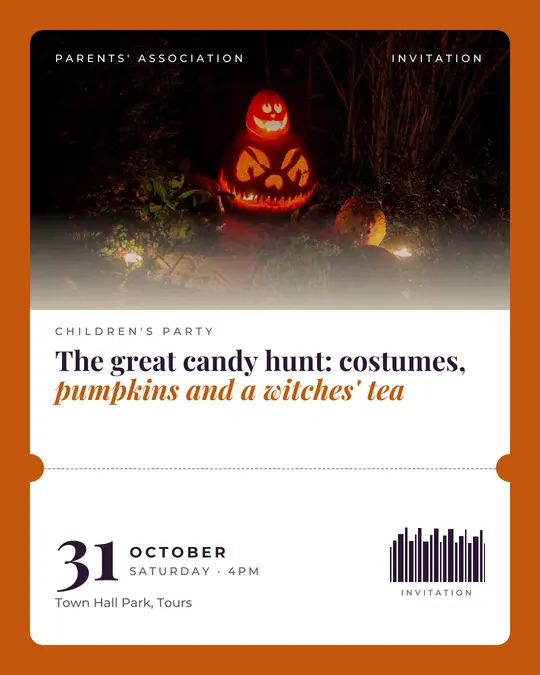 Sample flyer, "Ticket · Paper and pumpkin" template, Halloween: "The great candy hunt: costumes, pumpkins and a witches' tea"