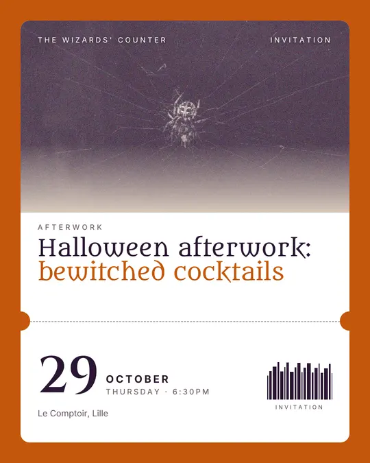 Sample flyer, "Ticket · Paper and pumpkin" template, Halloween: "Halloween afterwork: bewitched cocktails"