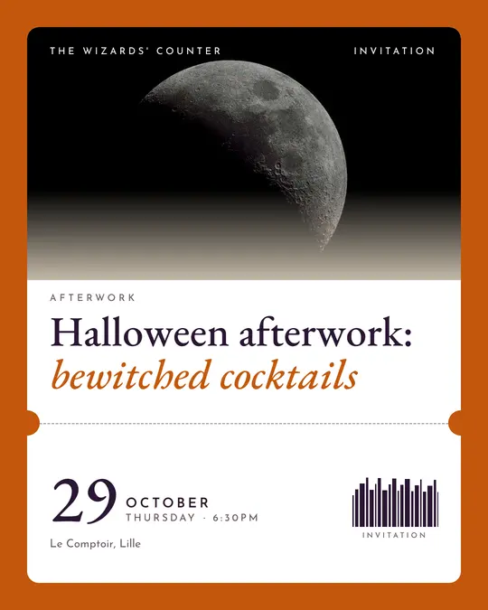 Sample flyer, "Ticket · Paper and pumpkin" template, Halloween: "Halloween afterwork: bewitched cocktails"