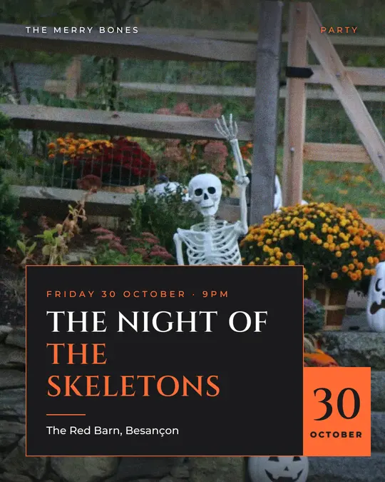 Sample flyer, "Laid card · Orange on charcoal" template, Halloween: "The Night of the Skeletons"