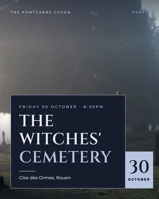 Sample flyer, "Laid card · Moon mist" template, Halloween: "The Witches' Cemetery"