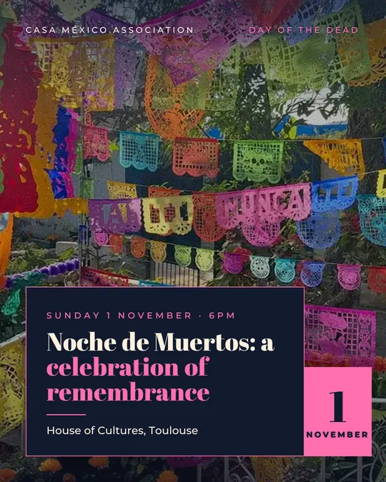Sample flyer, "Laid card · Muertos night" template, Halloween: "Noche de Muertos: a celebration of remembrance"