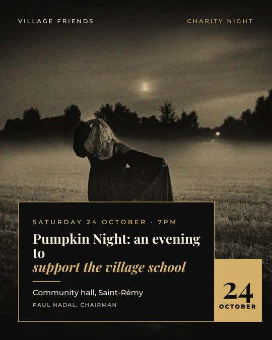 Sample flyer, "Laid card · Black and gold" template, Halloween: "Pumpkin Night: an evening to support the village school"
