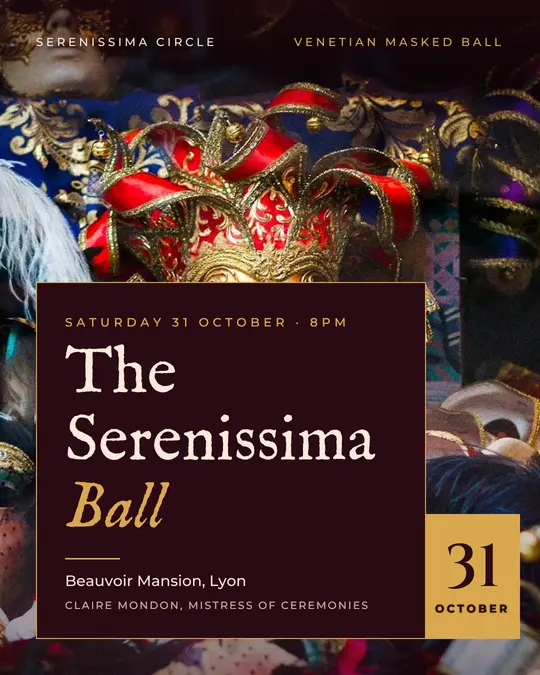 Sample flyer, "Laid card · Dark burgundy and gold" template, Halloween: "The Serenissima Ball"