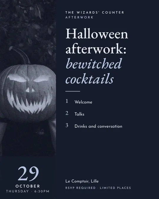 Sample flyer, "Column · Moon mist" template, Halloween: "Halloween afterwork: bewitched cocktails"
