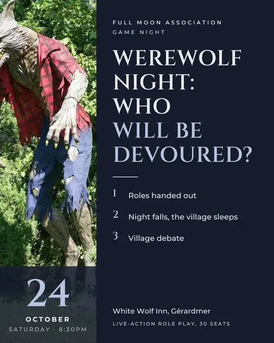 Sample flyer, "Column · Moon mist" template, Halloween: "Werewolf night: who will be devoured?"