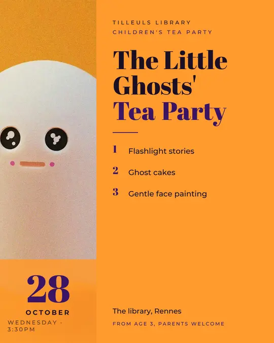 Sample flyer, "Column · Bright pumpkin" template, Halloween: "The Little Ghosts' Tea Party"
