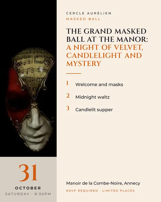 Sample flyer, "Column · Cream, black and orange" template, Halloween: "The grand masked ball at the manor: a night of velvet, candlelight and mystery"