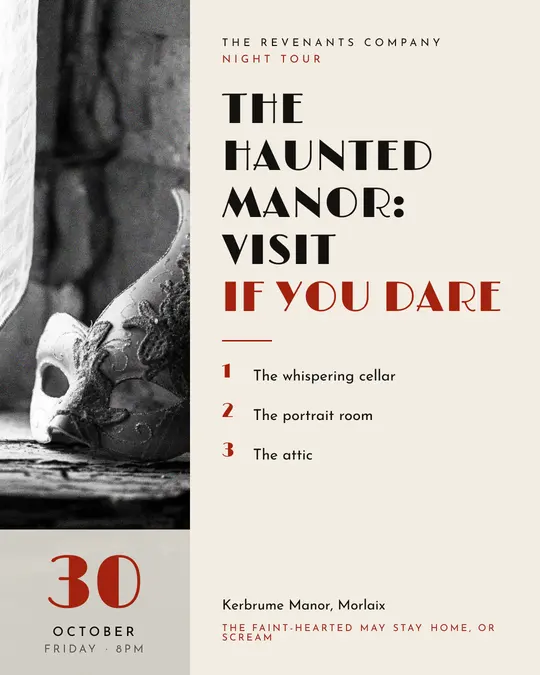Sample flyer, "Column · Bone and black" template, Halloween: "The Haunted Manor: visit if you dare"