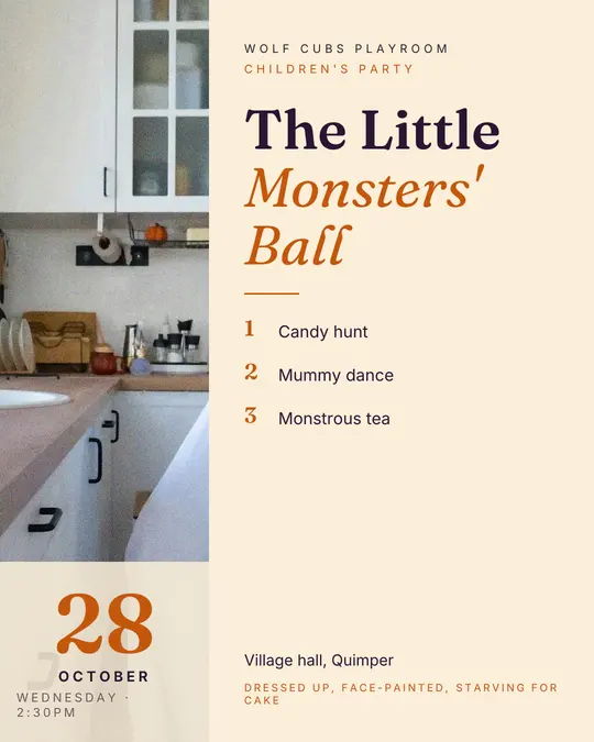 Sample flyer, "Column · Paper and pumpkin" template, Halloween: "The Little Monsters' Ball"