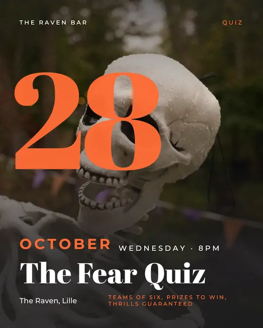 Sample flyer, "Giant date · Orange on charcoal" template, Halloween: "The Fear Quiz"