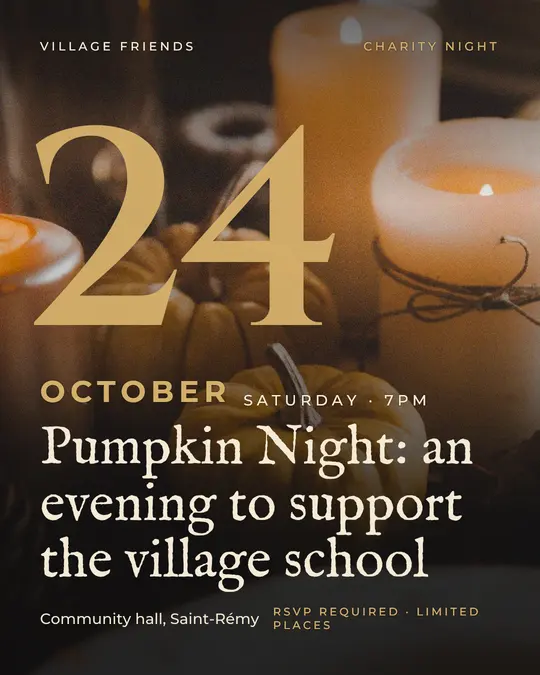 Sample flyer, "Giant date · Black and gold" template, Halloween: "Pumpkin Night: an evening to support the village school"