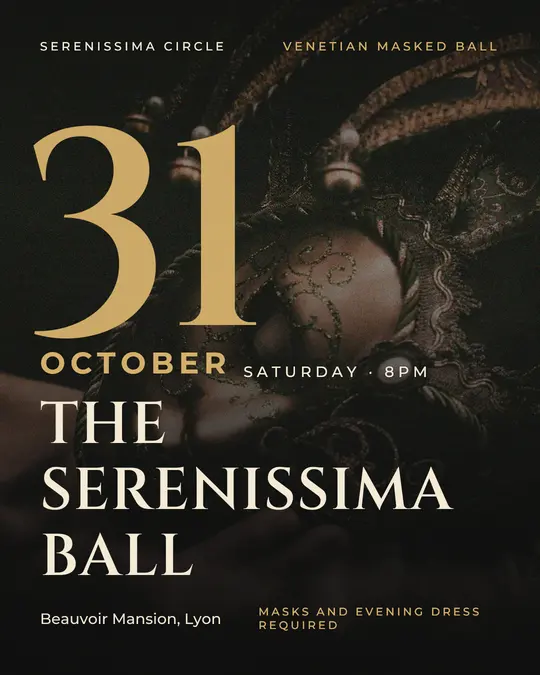 Sample flyer, "Giant date · Black and gold" template, Halloween: "The Serenissima Ball"