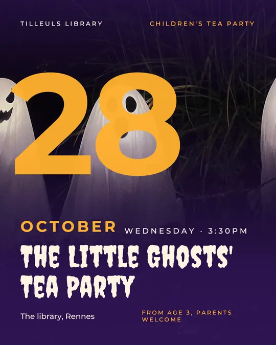 Sample flyer, "Giant date · Candy violet" template, Halloween: "The Little Ghosts' Tea Party"