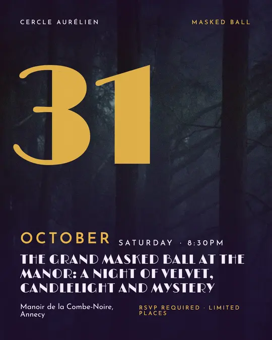 Sample flyer, "Giant date · Night violet and gold" template, Halloween: "The grand masked ball at the manor: a night of velvet, candlelight and mystery"