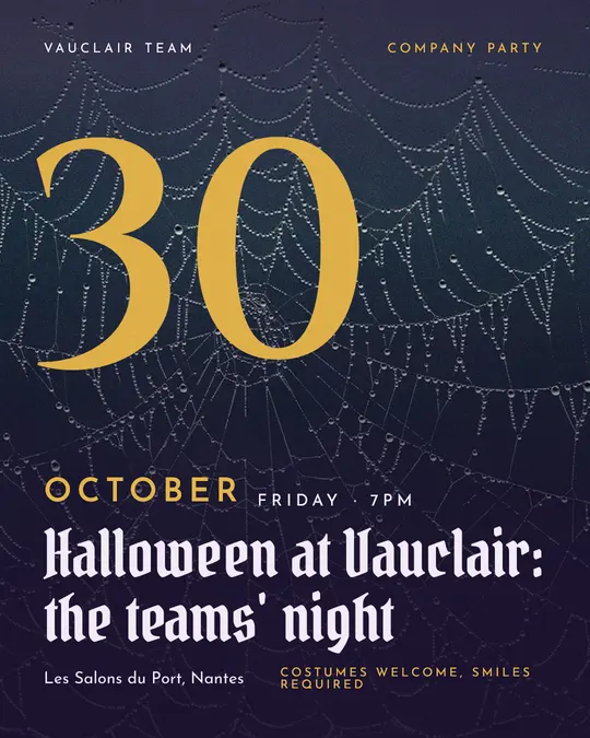 Sample flyer, "Giant date · Night violet and gold" template, Halloween: "Halloween at Vauclair: the teams' night"