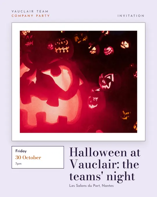 Sample flyer, "Gallery · Lavender mist" template, Halloween: "Halloween at Vauclair: the teams' night"